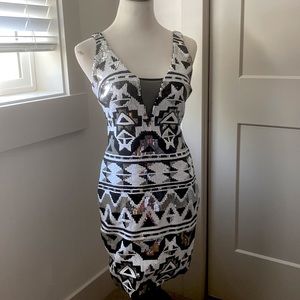 Large Black, White, and Silver Sequined Cocktail Dress